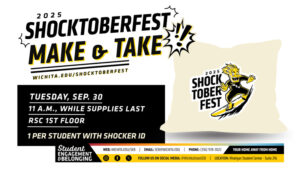 2025 Shocktoberfest Make and Take Sept. 30 with a photo of a pillow with a comic illustration of WuShock on a surfboard.