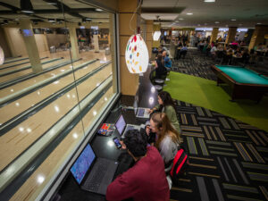 Students take time in between their classes to relax and study at the Shocker Sports Grill & Lanes