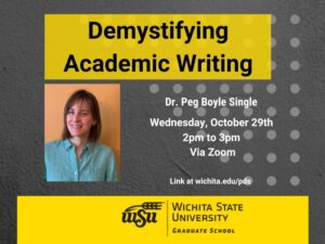 A promotional flyer for an academic event titled "Demystifying Academic Writing".  The flyer has a gray background with a yellow banner at the top and bottom. The top banner contains the event title in bold black text.  Below the title, on the left, there is a photo of a woman with shoulder-length brown hair wearing a light blue shirt, smiling.  To the right of the photo, white text reads: Dr. Peg Boyle Single Wednesday, October 29th 2pm to 3pm Via Zoom Below that, smaller text reads: Link at wichita.edu/pds. At the bottom, on a yellow banner with the Wichita State University logo, it says: Wichita State University Graduate School