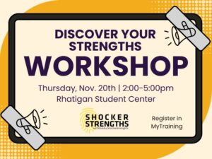 The image contains megaphones and training details. Text: Discover Your Strengths Training,Thursday, Nov. 20th from 2-5 pm in the Rhatigan Student Center. Register in MyTraining.. ShockerStrengths logo is included.