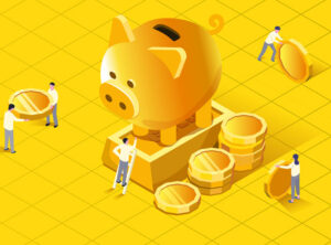 Illustration of a golden piggy bank on a pedestal with large coins and small figures arranging them.