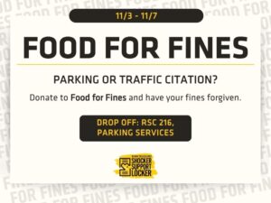 Flyer for Food for Fines event. Text reads: ‘11/3 - 11/7. Food for Fines. Parking or traffic citation? Donate to Food for Fines and have your fines forgiven. Drop off: RSC 216, Parking Services.’ The Kiah Duggins Shocker Support Locker logo appears at the bottom. Background features repeated faded text that says ‘FOOD FOR FINES.’