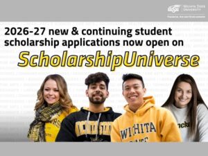 Image of four students of various races and genders in WSU clothing on top of a white background. Text states: "2026-27 new & continuing student scholarship applications now open on ScholarshipUniverse"