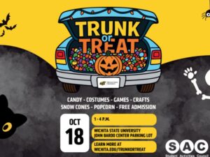 Get into the Halloween spirit and meet Shockers and campus partners at the annual Trunk or Treat, a fun and Shocker-alternative to traditional trick or treating, from 1 to 4 p.m. Saturday, Oct. 18 at the John Bardo Center parking lot. Come enjoy candy, game, crafts, snow cones, popcorn, and much more at this year's Trunk or Treat! Costumes are encouraged and WSU students are free to attend.