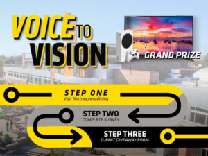 Voice to Vision. Grand Prize. Step one, visit linktr.ee/wsudining. Step two, complete survey. Step three, submit giveaway form.