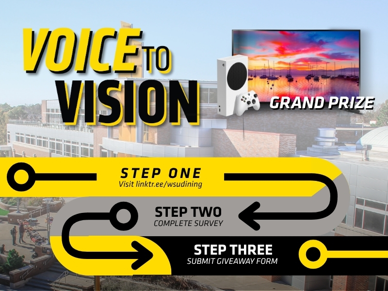 Voice to Vision. Grand Prize. Step one, visit linktr.ee/wsudining. Step two, complete survey. Step three, submit giveaway form.