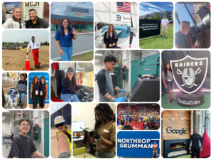 A collage of photos of students engaging in applied learning opportunities and internships, including in industry, media and sports