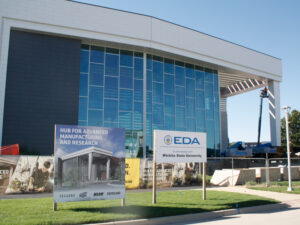 The front facade of the Hub for Advanced Manufacturing and Research, currently under construction