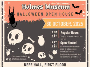Halloween Open house invitation. The photo includes Halloween imagery such as black cats, bats and skulls