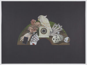 A cockatoo is surrounded by dice, playing cards and magicians' props.