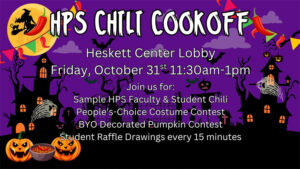 The HPS Chili Cookoff takes place Friday, October 31st, 11:30 AM–1 PM at the Heskett Center Lobby. Enjoy chili made by HPS faculty and students, vote in a People’s-Choice Costume Contest, enter a BYO Decorated Pumpkin Contest, and win prizes in student raffle drawings every 15 minutes. Attendees are encouraged to bring a canned good or $2 donation for the Kansas Food Bank. The event has a fun Halloween theme
