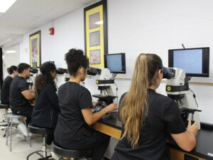 Medical Laboratory Sciences students using new microscopes