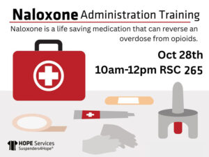 Naloxone Administration Training. Naloxone is a life saving medication that can reverse an overdose from opioids. Oct 28th 10am - 12pm RSC 265. Various medical objects and a first aid kit.