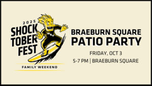 Braeburn Square Patio Party from 5 to 7 p.m. Friday, Oct. 3 at Braeburn Square with a comic illustration of WuShock surfing