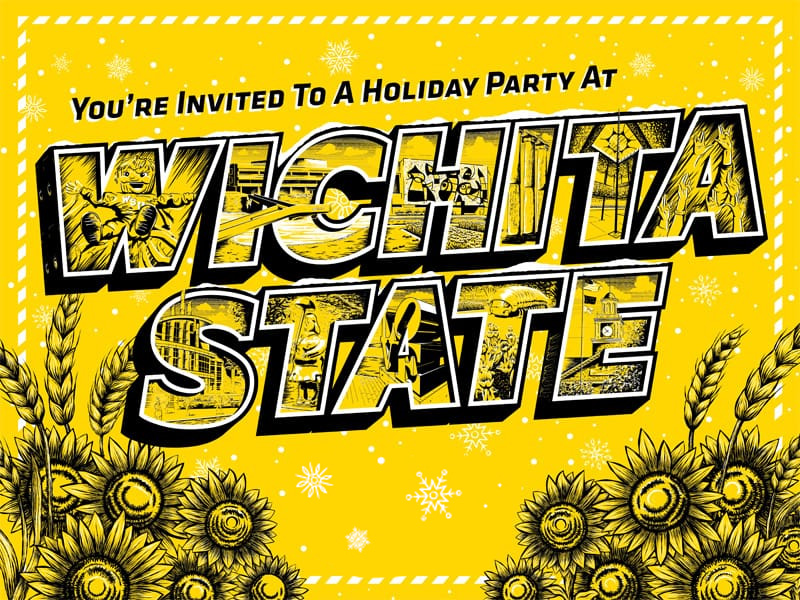 The Wichita State mural in the Rhatigan Student Center sits on a yellow background with sunflowers and the text, You're invited to a holiday party at Wichita State