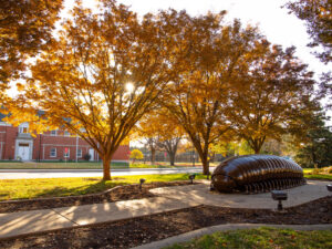 Millie the Millipede on campus with fall foliage