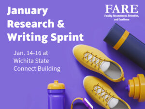 Image of running shoes advertising the FARE January Research & Writing Sprint, January 14-16 at Wichita State Connect Building