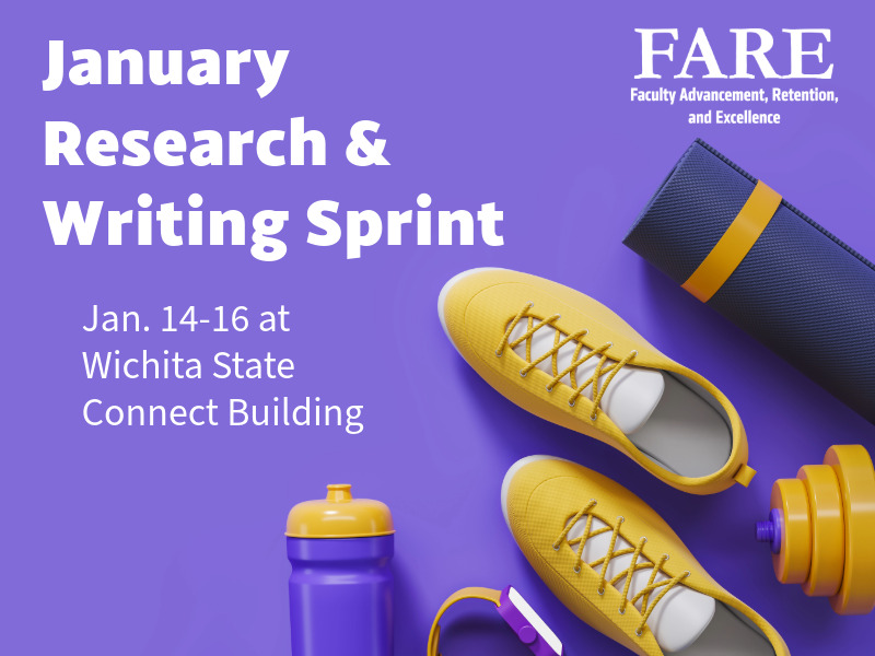 Image of running shoes advertising the FARE January Research & Writing Sprint, January 14-16 at Wichita State Connect Building