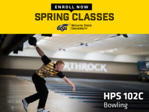 Enroll now, spring classes. HPS 102C Bowling with a student holding a bowling ball in the air about to throw