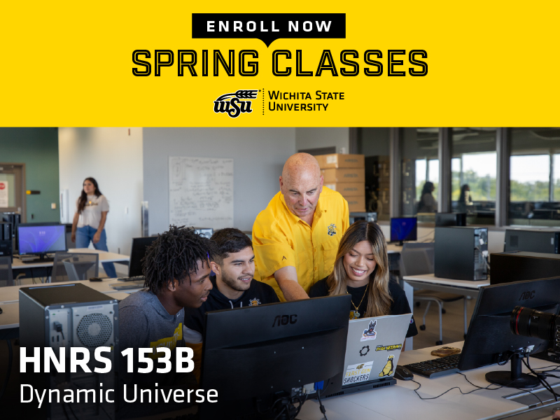 Enroll now, spring classes. HNRS 153B Dynamic Universe with a professor showing students a simulation on their computer