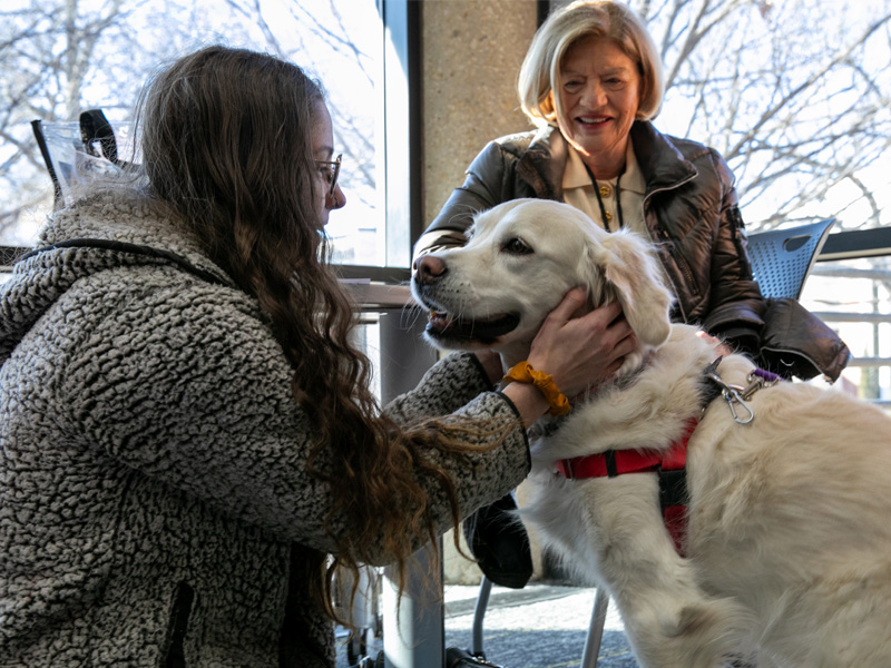A student gives pets to a beige dog while the owner smiles watching them.