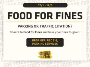 A promotional graphic for the ‘Food for Fines’ program running December 1–5. The headline reads ‘Food for Fines.’ Text explains that students can donate food to have parking or traffic citations forgiven. Drop-off location is RSC 216, Parking Services. At the bottom is the Shocker Support Locker logo.