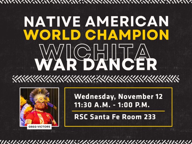 Promotional flyer featuring Greg Victors, Native American World Champion Wichita War Dancer, in vibrant traditional regalia with feathers and beadwork. The flyer invites attendees to a live performance and educational event celebrating Native heritage, hosted by Wichita State University's Office of Student Engagement and Belonging.