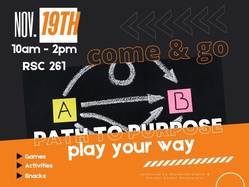 Image includes design elements and a black, orange, and white color scheme. Text includes: Nov. 19th from 10am-2pm in the RSC261. come and go to Path to Purpose: Play your way. Games, Activities, and Snacks. Sponsored by ShockerStrengths and Shocker Career Accelerator. Image of a pathway between point a to point b as well as some geometric design elements.