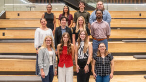 Students in the 2025-26 WGLP Cohort posed on the social stairs in Woolsey Hall