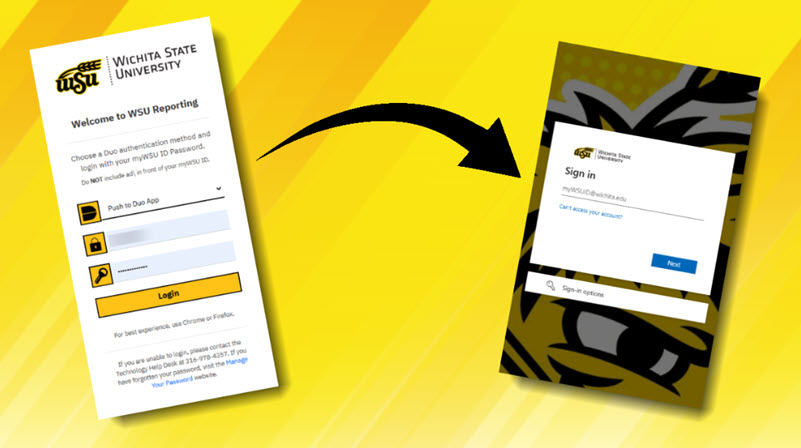 Image of a black arrow pointing from the old WSU Reporting login screen to the new WSU Reporting login screen