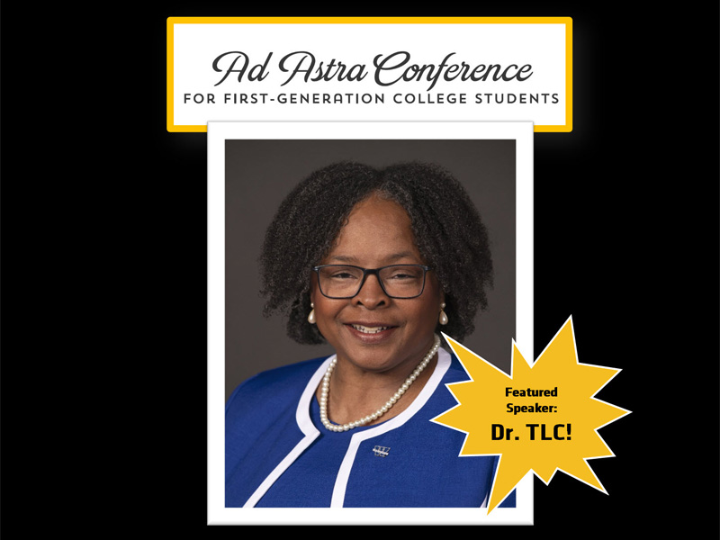 Woman wearing blue jacket with white piping and pearls, black glasses, banner above her head in black on white with yellow border. Starburst with words "featured speaker: Dr. TLC"