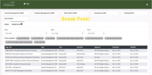 Computer image showing tabs to access CIM, CLSS, CAT, User Guides and Workflow Approvals. Image also shows how multiple roles can be selected so a user can see all proposals for all of their workflow roles in one list.