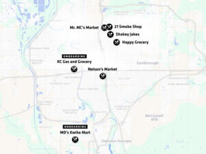 An overhead map of Wichita showing several partner stores, including Mr. MC's Market, 21 Smoke Shop Shakey Jakes Happy Grocery KC Gas and Grocery, Nelson's Market and MD's Kwike Mart