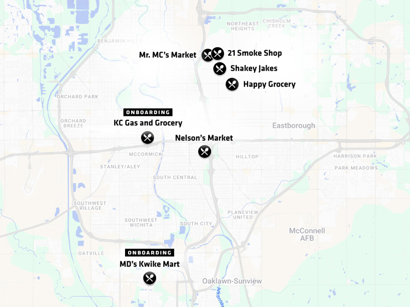 An overhead map of Wichita showing several partner stores, including Mr. MC's Market, 21 Smoke Shop Shakey Jakes Happy Grocery KC Gas and Grocery, Nelson's Market and MD's Kwike Mart