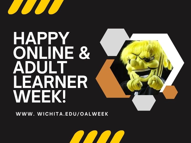 WuShock pointing toward the screen with the text “Happy Online & Adult Learner Week! www.wichita.edu/oalweek” displayed next to him.