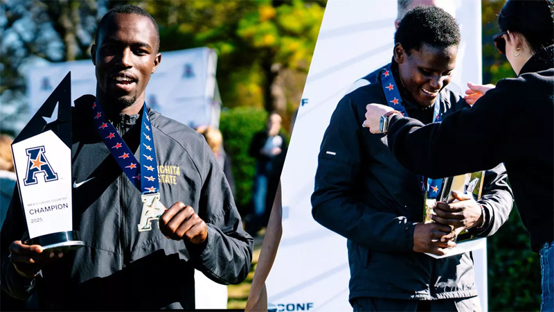 Elkana Kipruto and Mercy Jepkoech claim their awards at the American Conference Championship