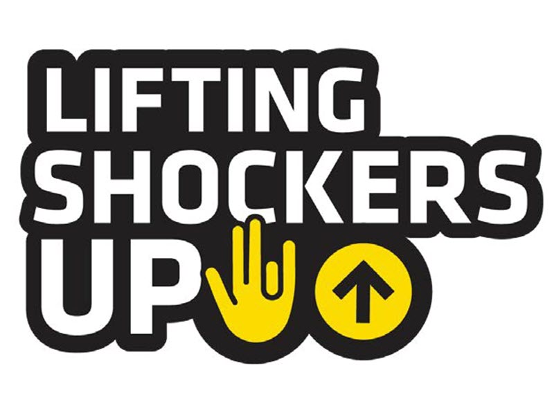 Illustration of the "Shocker" hand sign with text stating "Lifting Shockers Up"