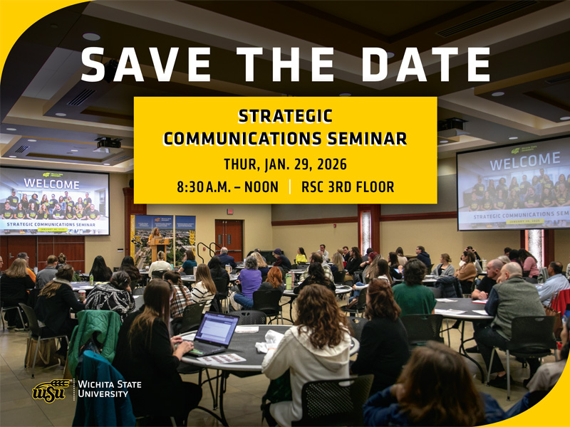 Save the date Strategic Communications Seminar Thurs. Jen. 29, 2026, 8 a.m.-noon, RSC 3rd floor. A group of people gather in a conference hall.