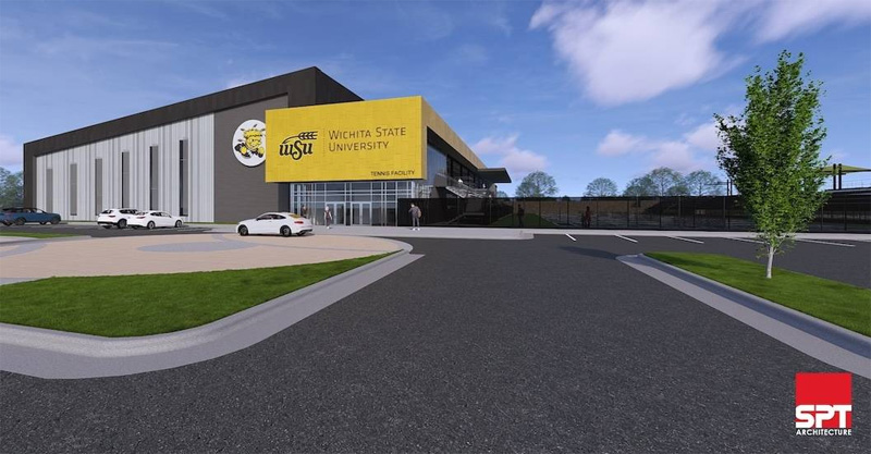 A 3D mockup of the front of the proposed tennis facility with Wichita State's logo above the entrance