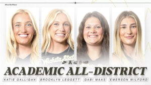 Photos of Katie Galligan, Brooklyn Leggett, Gabi Maas and Emerson Wilford with the text Academic All-District.