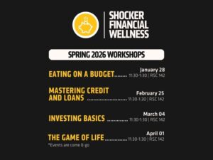 The image is a vertical promotional graphic for Shocker Financial Wellness featuring a Spring 2026 workshop schedule.  At the top, there is a yellow circular logo with a piggy bank and dollar sign icon, next to the words “Shocker Financial Wellness” in white, uppercase lettering. Beneath that, a white rounded banner displays the heading: “SPRING 2026 WORKSHOPS” The center of the image lists four workshops, each in bold yellow titles, connected by dotted lines to their corresponding dates and details on the right in white text:   Eating on a Budget January 28 | 11:30–1:30 | RSC 142   Mastering Credit and Loans February 25 | 11:30–1:30 | RSC 142   Investing Basics March 04 | 11:30–1:30 | RSC 142   The Game of Life April 01 | 11:30–1:30 | RSC 142   At the bottom, a small note reads: *“Events are come & go”