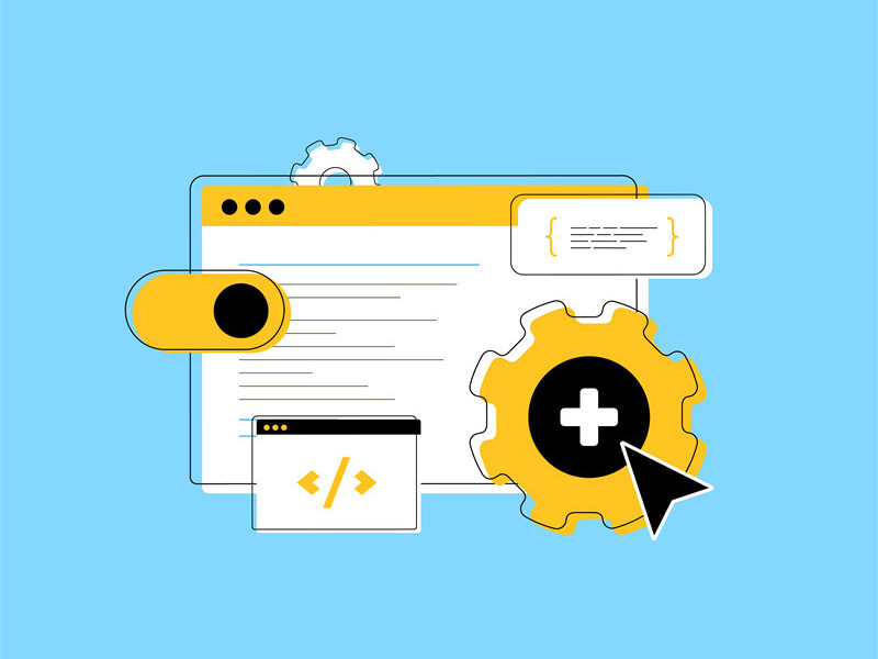 Icon depicting a website with a plus sign and a mouse, representing the action of adding features or content.