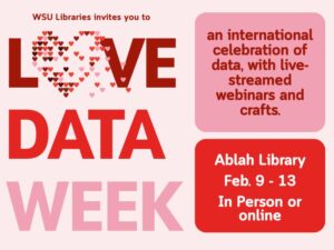 WSU Libraries Invites you to LOVE DATA WEEK, an international celebration of data, with live-streamed webinars and crafts. Ablah Library, February 9th - 13th, Online or In Person.