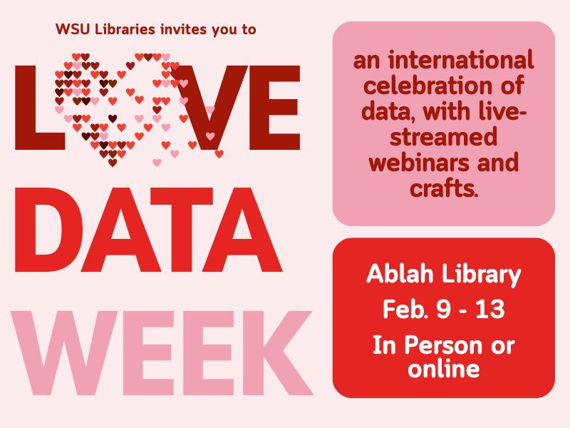 WSU Libraries Invites you to LOVE DATA WEEK, an international celebration of data, with live-streamed webinars and crafts. Ablah Library, February 9th - 13th, Online or In Person.