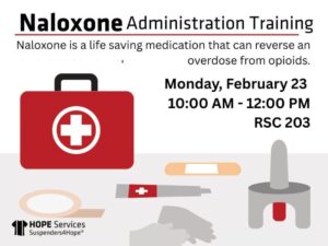 Naloxone Administration Training Naloxone is a life saving medication that can reverse an overdose from opioids. Monday February 23 10am-12pm RSC 203 HOPE Services Suspenders4HopeTM