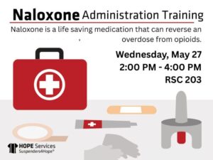 Naloxone Administration Training Naloxone is a life saving medication that can reverse an overdose from opioids. Wednesday, May 27 2pm to 4pm RSC 203 HOPE Services Suspenders4HopeTM
