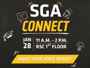 A promotional graphic with a black background and yellow and white accents reads “SGA Connect.” Event details state: “January 28 | 11 A.M. – 2 P.M. | RSC 1st Floor.” The description says, “Share what matters most to you in academics, involvement, and campus life! Stop by and add your thoughts to our interactive Post-it note wall. Plus, enjoy a Krispy Kreme donut for participating.” A banner across the bottom reads, “Make your voice heard!” The footer includes “Student Government Association” and contact information: phone number 316-978-3480, email sga@wichita.edu , website wichita.edu/sga, and social media handles @WichitaStateSGA on Twitter, Facebook, and Instagram.
