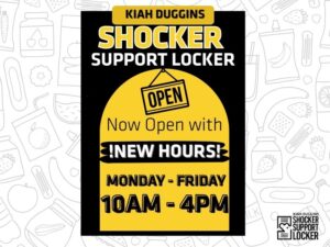 Flyer for “Kiah Duggins Shocker Support Locker.” The design features a black background with yellow and white text. At the top is a yellow rounded rectangle with the words “KIAH DUGGINS.” Below it, large bold text reads “SHOCKER SUPPORT LOCKER.” In the center is a yellow half-circle with a hanging sign that says “OPEN.” Beneath it, the text reads “Now Open with !NEW HOURS!” In the bottom yellow section, the text reads “MONDAY – FRIDAY 10AM – 4PM.” The background includes faint line drawings of food items such as fruits, vegetables, jars, and utensils. In the bottom right corner is a small logo that reads “KIAH DUGGINS SHOCKER SUPPORT LOCKER” next to an icon of a locker with a heart.