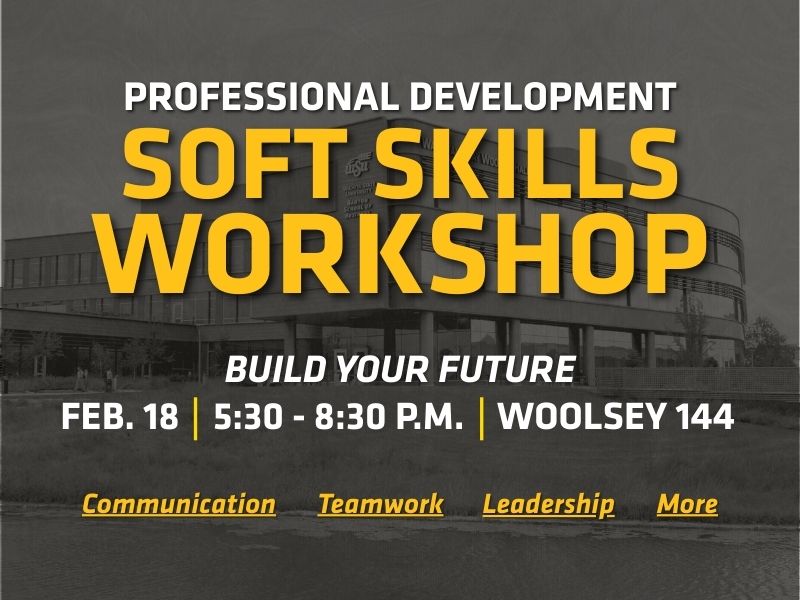 Graphic promoting a Professional Development Soft Skills Workshop with bold yellow text over a grayscale campus background. The image reads: “Soft Skills Workshop,” “Build Your Future,” “Feb. 18, 5:30–8:30 p.m., Woolsey 144,” and highlights communication, teamwork, leadership, and more.