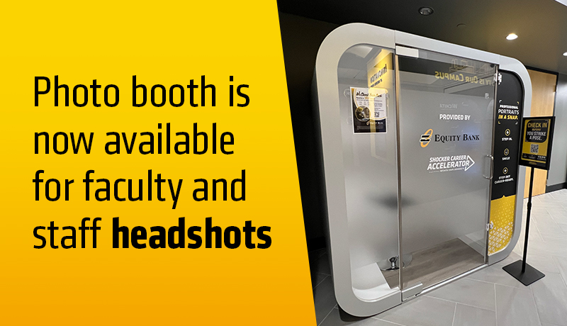 Image of the SCA photo booth with the words "Photo booth is now available for faculty and staff headshots".